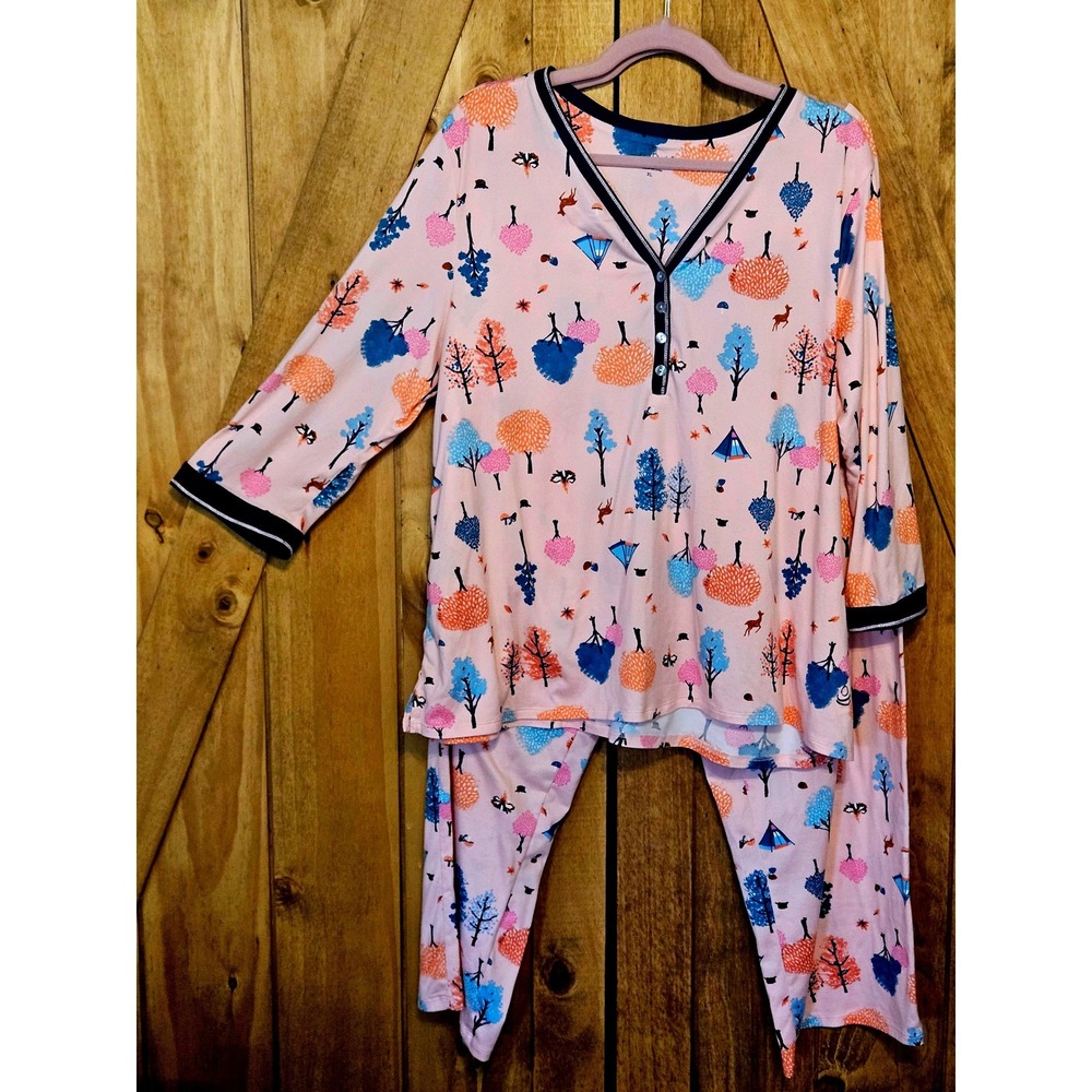 Cuddle Duds Camping Print Pajama Set Women XL Peach 2pc Fall PJs